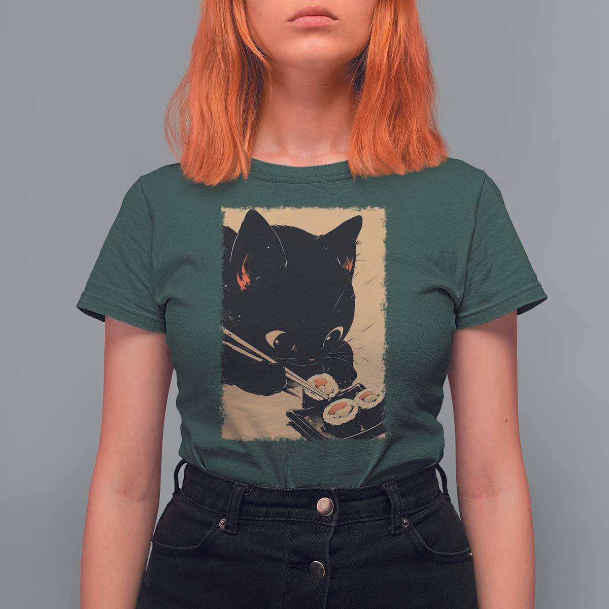 Kawaii Cat Eating Sushi T Shirt For Women Japanese Anime Manga Otaku Retro Vintage Graphic - Wonder Print Shop