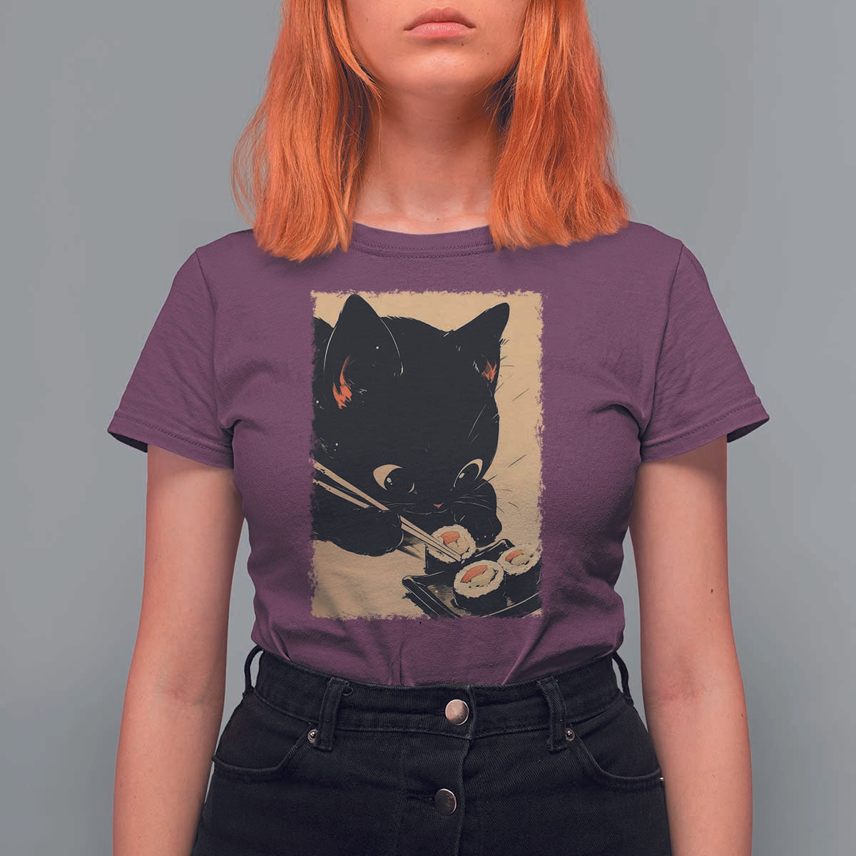 Kawaii Cat Eating Sushi T Shirt For Women Japanese Anime Manga Otaku Retro Vintage Graphic - Wonder Print Shop