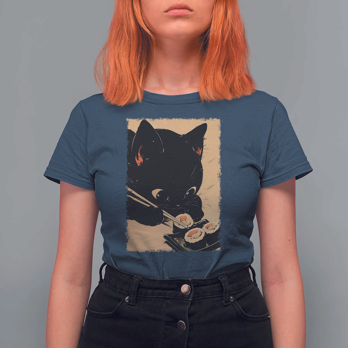 Kawaii Cat Eating Sushi T Shirt For Women Japanese Anime Manga Otaku Retro Vintage Graphic - Wonder Print Shop