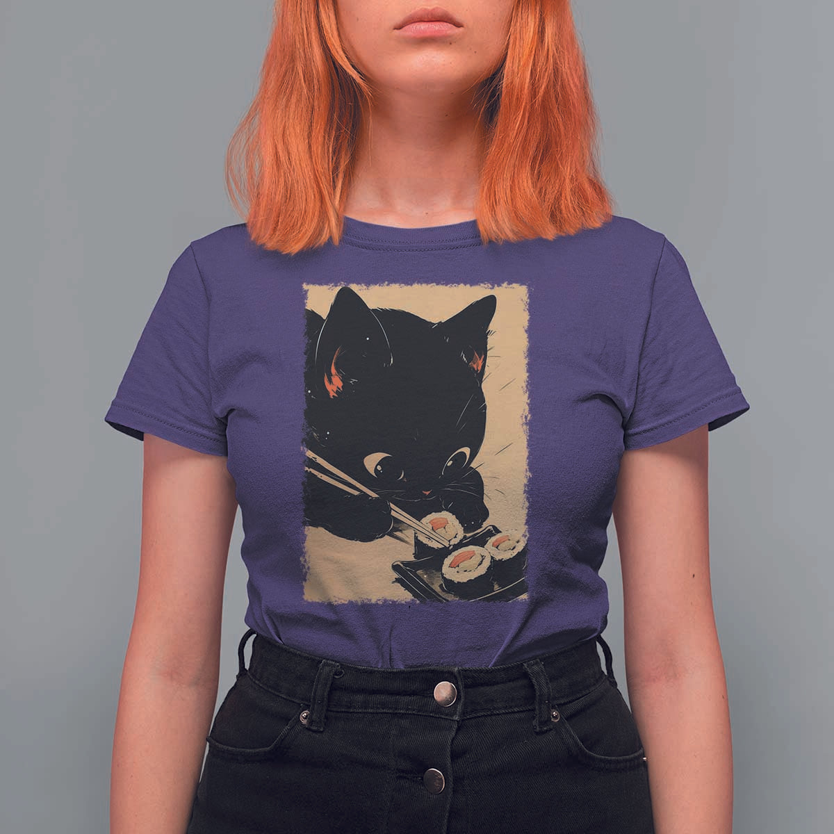 Kawaii Cat Eating Sushi T Shirt For Women Japanese Anime Manga Otaku Retro Vintage Graphic - Wonder Print Shop