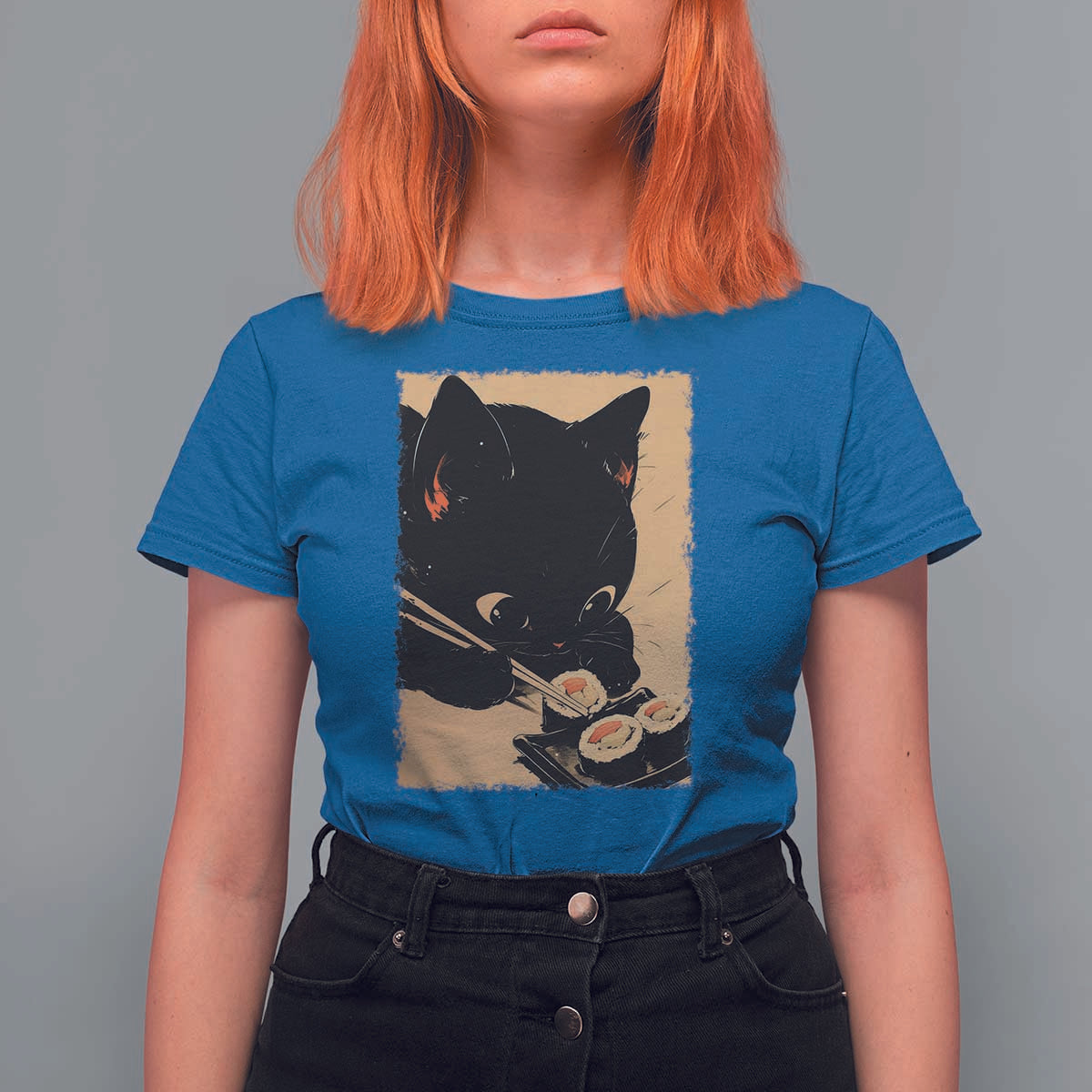 Kawaii Cat Eating Sushi T Shirt For Women Japanese Anime Manga Otaku Retro Vintage Graphic - Wonder Print Shop