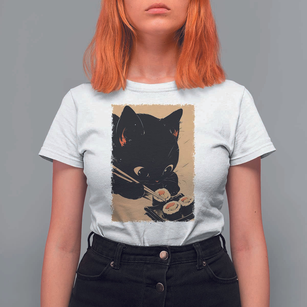 Kawaii Cat Eating Sushi T Shirt For Women Japanese Anime Manga Otaku Retro Vintage Graphic - Wonder Print Shop