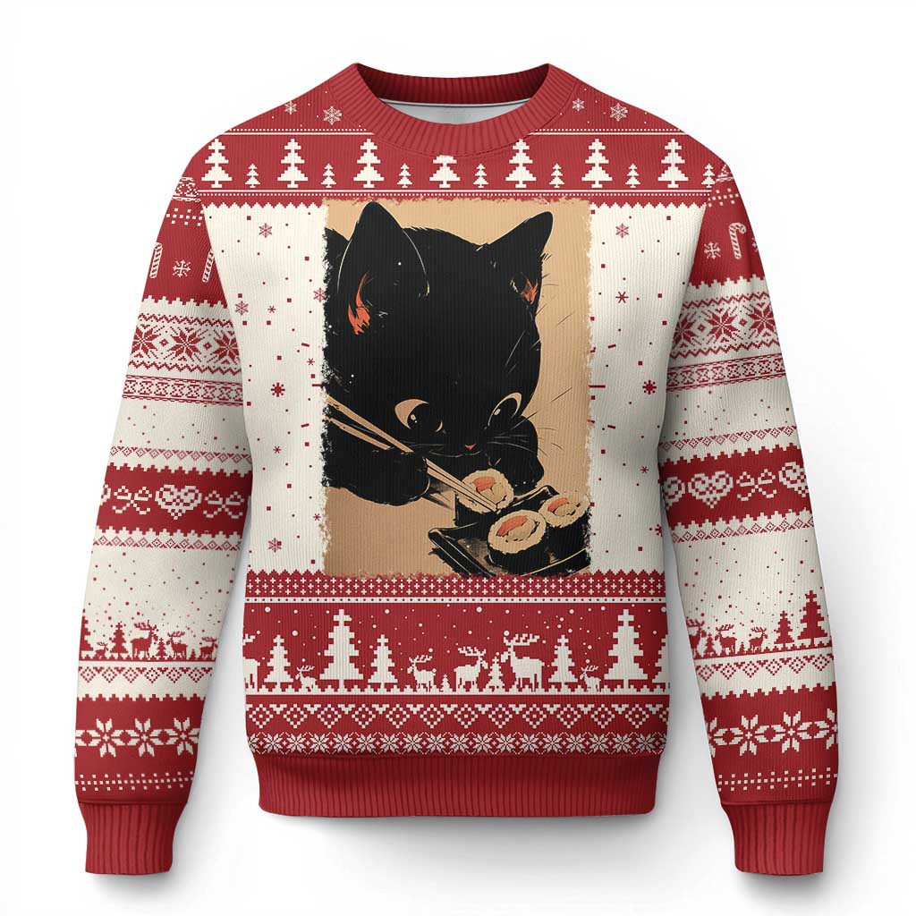 Kawaii Cat Eating Sushi Ugly Christmas Sweater Japanese Anime Manga Otaku Retro Vintage Graphic - Wonder Print Shop