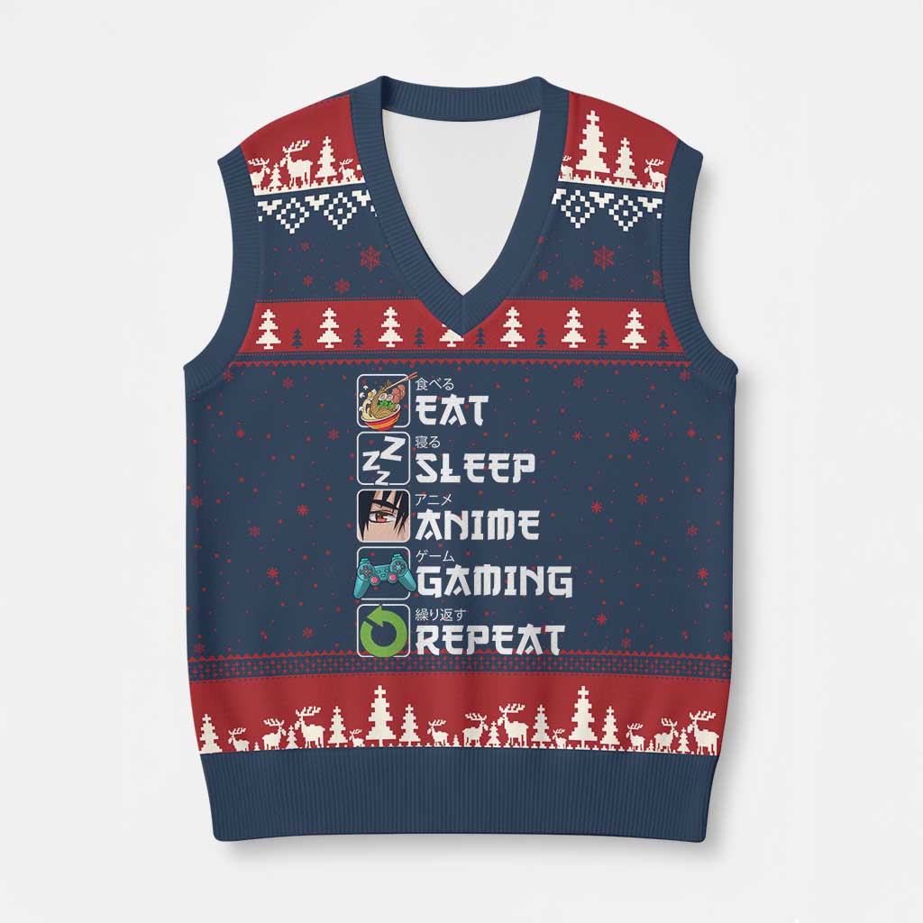Eat Sleep Anime Gaming Repeat V-Neck Knit Sweater Vest Kawaii Otaku Gamer Manga Lover - Wonder Print Shop