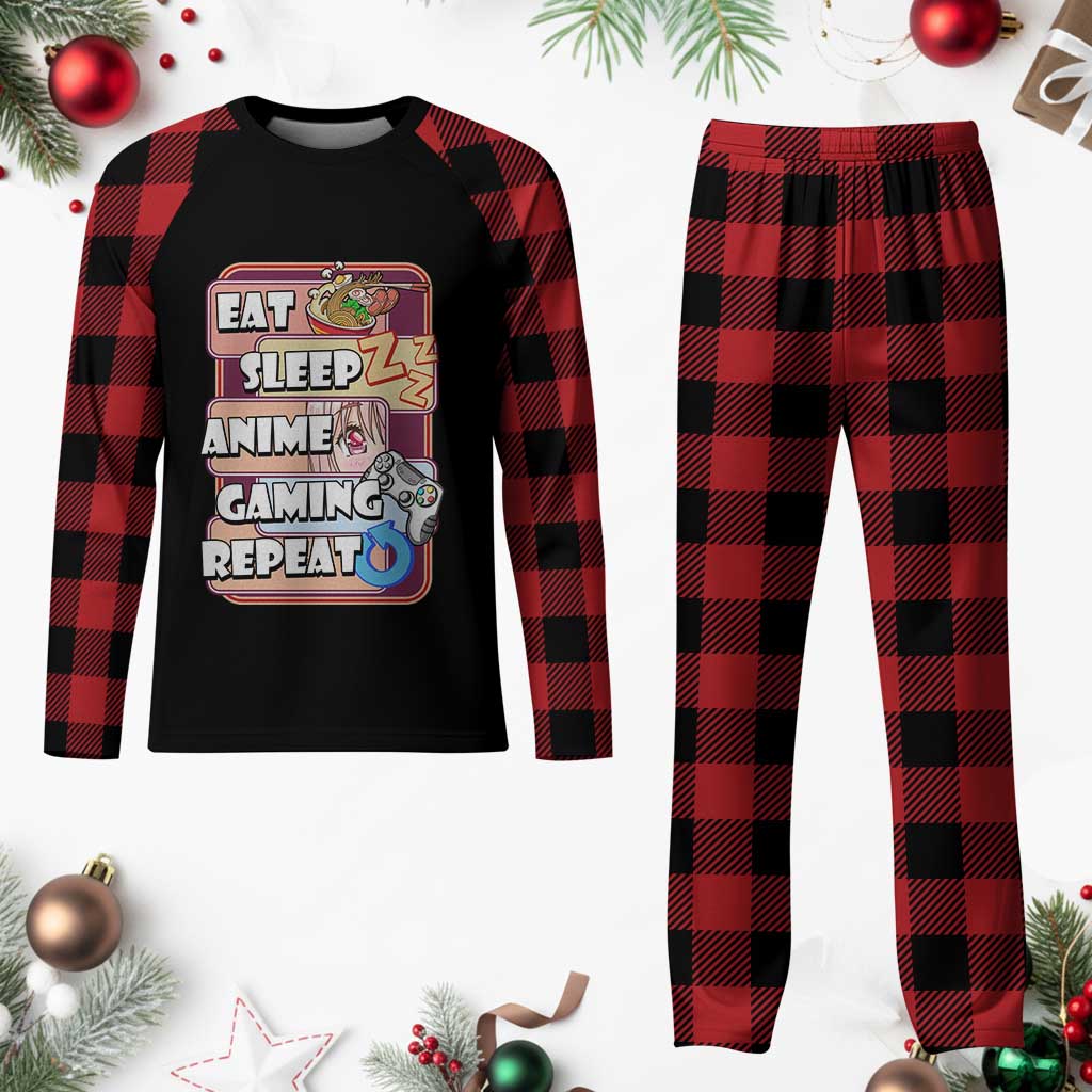 Eat Sleep Anime Gaming Repeat Plaid Pajama Set Kawaii Otaku Manga Ramen Lover - Wonder Print Shop