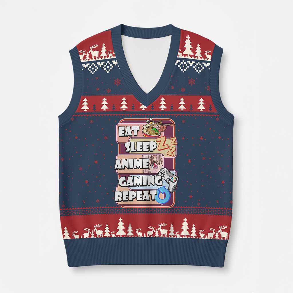 Eat Sleep Anime Gaming Repeat V-Neck Knit Sweater Vest Kawaii Otaku Manga Ramen Lover - Wonder Print Shop