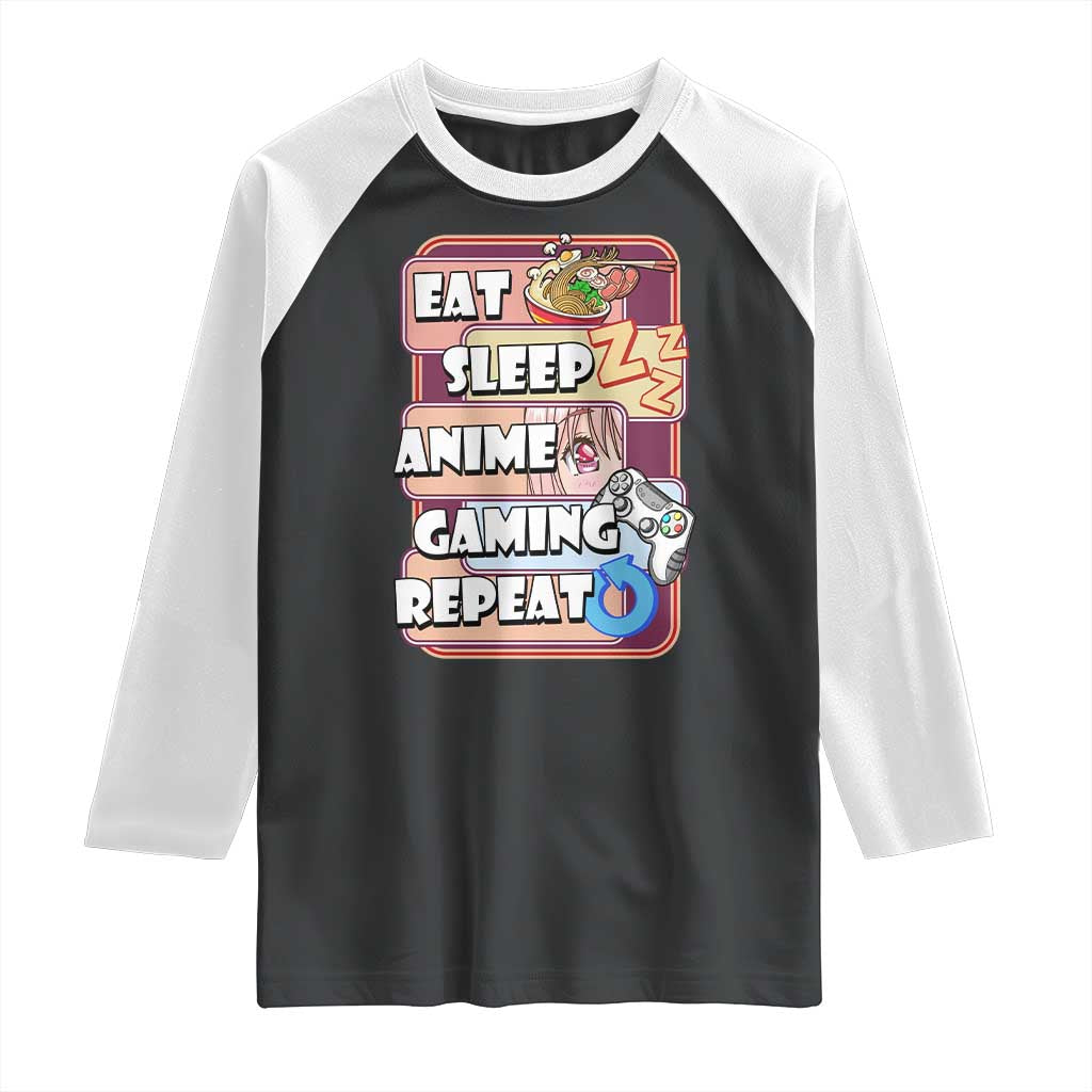 Eat Sleep Anime Gaming Repeat Raglan Shirt Kawaii Otaku Manga Ramen Lover
