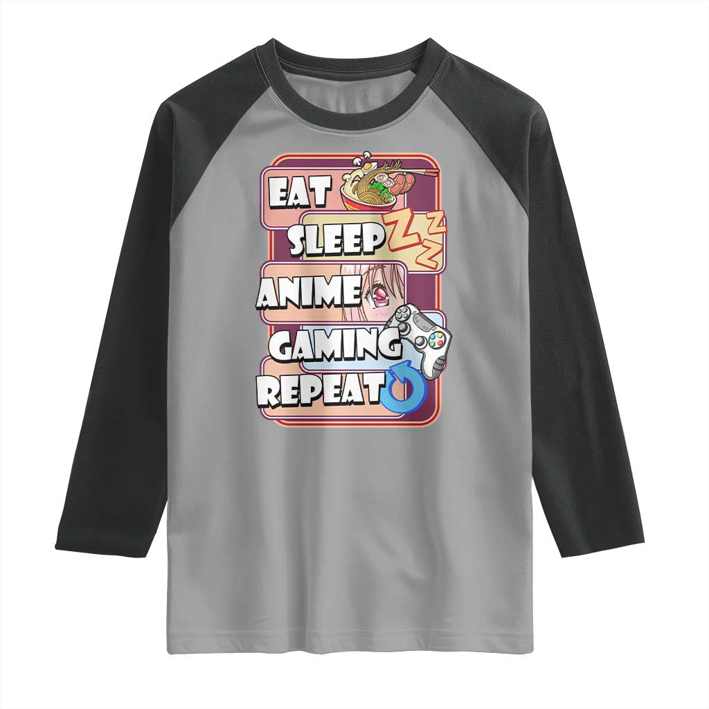 Eat Sleep Anime Gaming Repeat Raglan Shirt Kawaii Otaku Manga Ramen Lover