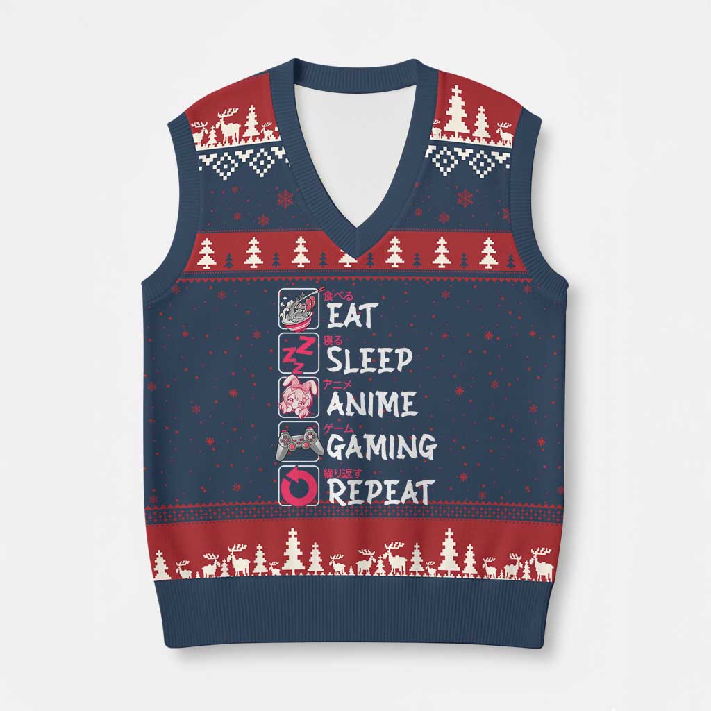 Eat Sleep Anime Gaming Repeat V-Neck Knit Sweater Vest Otaku Gamer Manga Lover Japanese Pop Culture - Wonder Print Shop