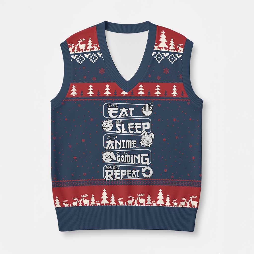 Eat Sleep Anime Gaming Repeat V-Neck Knit Sweater Vest Otaku Gamer Manga Lover - Wonder Print Shop