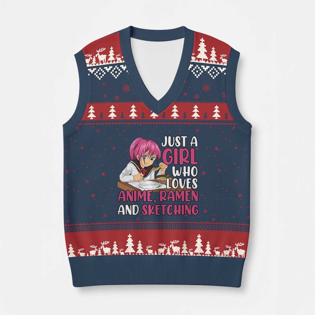 Just A Girl Who Loves Anime Ramen And Sketching V-Neck Knit Sweater Vest Japan Kawaii Otaku Manga Lover - Wonder Print Shop