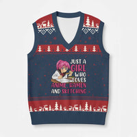 Just A Girl Who Loves Anime Ramen And Sketching V-Neck Knit Sweater Vest Japan Kawaii Otaku Manga Lover - Wonder Print Shop