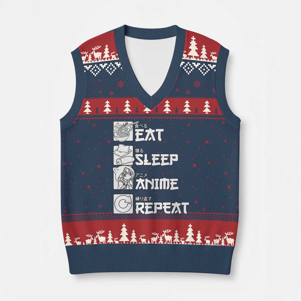 Eat Sleep Anime Repeat V-Neck Knit Sweater Vest Japan Otaku Manga Lover - Wonder Print Shop