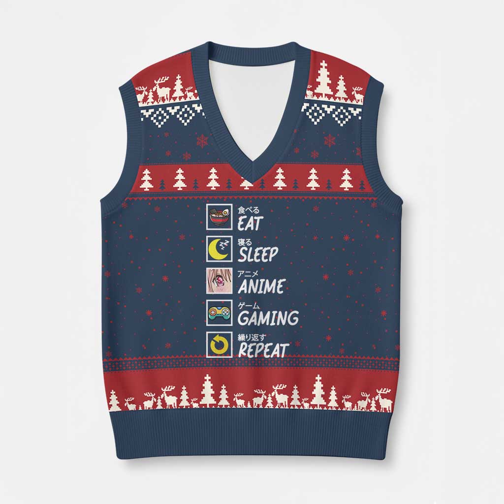 Eat Sleep Anime Gaming Repeat V-Neck Knit Sweater Vest Kawaii Otaku Gamer Manga Ramen Lover - Wonder Print Shop