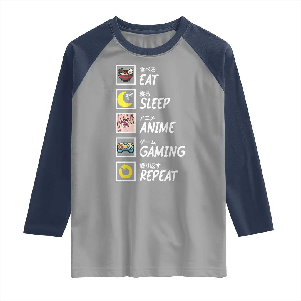 Eat Sleep Anime Gaming Repeat Raglan Shirt Kawaii Otaku Gamer Manga Ramen Lover