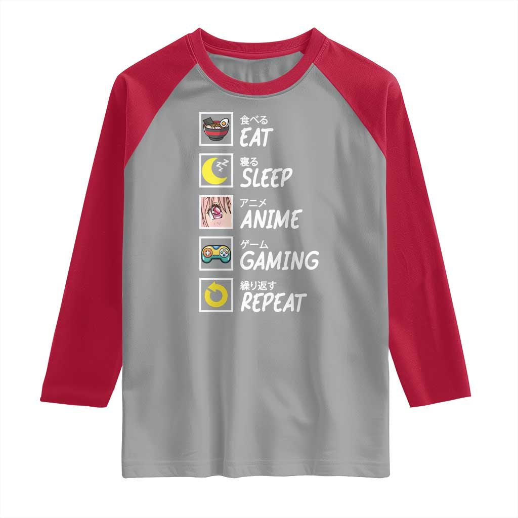 Eat Sleep Anime Gaming Repeat Raglan Shirt Kawaii Otaku Gamer Manga Ramen Lover