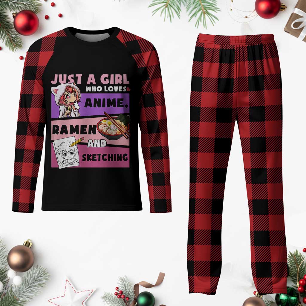 Just A Girl Who Loves Anime Ramen And Sketching Plaid Pajama Set Cute Japan Kawaii Otaku Manga Lover - Wonder Print Shop