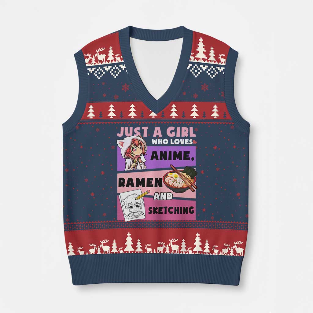 Just A Girl Who Loves Anime Ramen And Sketching V-Neck Knit Sweater Vest Cute Japan Kawaii Otaku Manga Lover - Wonder Print Shop
