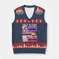 Just A Girl Who Loves Anime Ramen And Sketching V-Neck Knit Sweater Vest Cute Japan Kawaii Otaku Manga Lover - Wonder Print Shop