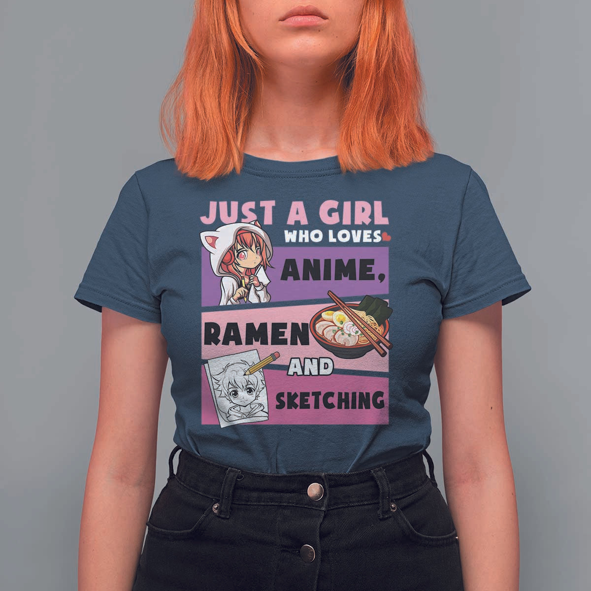 Just A Girl Who Loves Anime Ramen And Sketching T Shirt For Women Cute Japan Kawaii Otaku Manga Lover - Wonder Print Shop