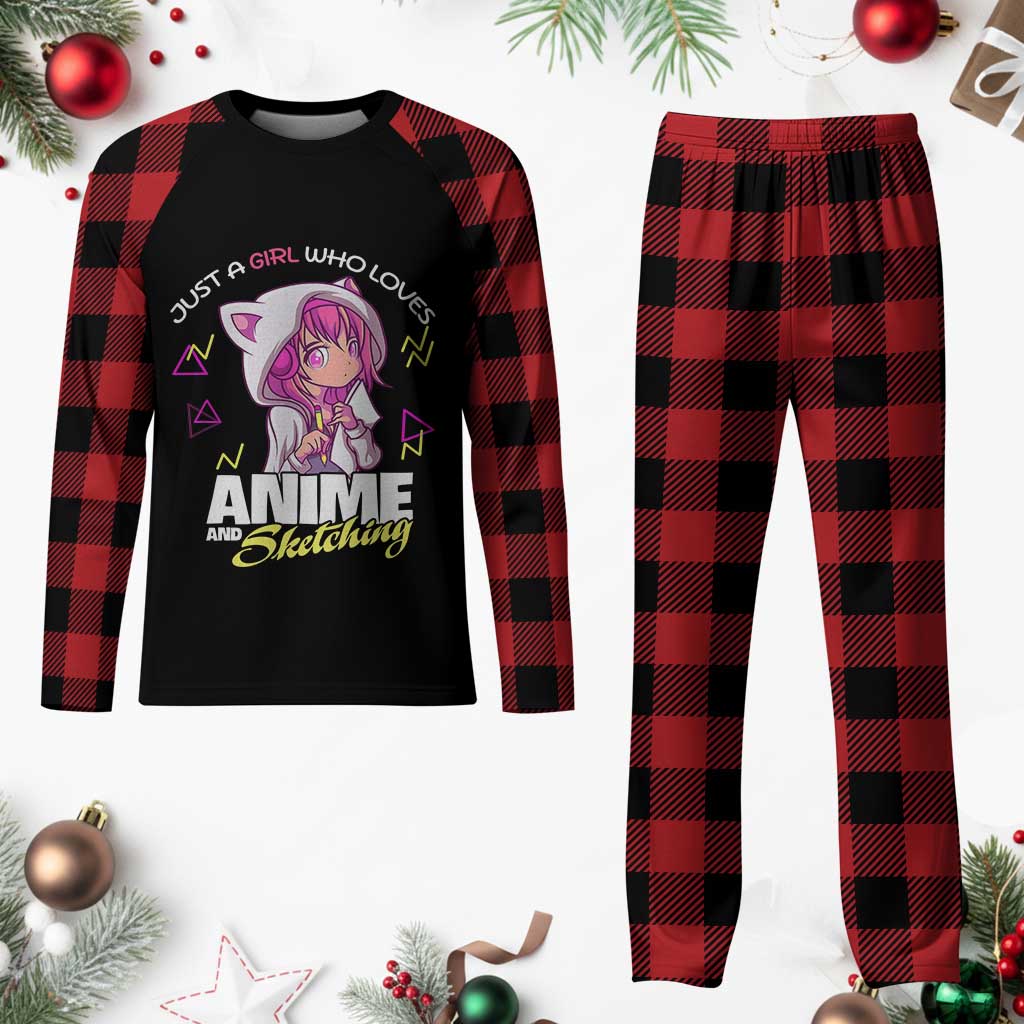 Just A Girl Who Loves Anime and Sketching Plaid Pajama Set Japan Kawaii Otaku Manga Lover - Wonder Print Shop