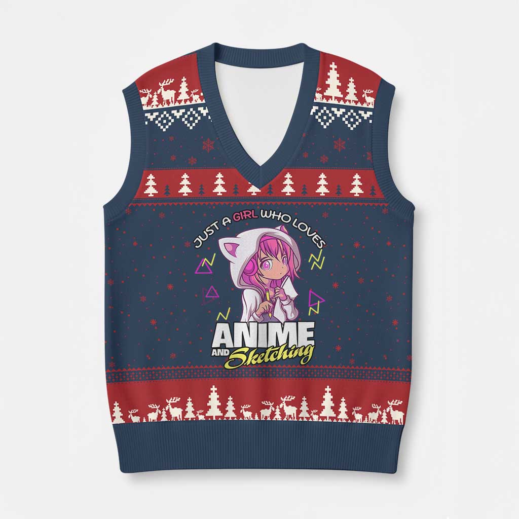 Just A Girl Who Loves Anime and Sketching V-Neck Knit Sweater Vest Japan Kawaii Otaku Manga Lover - Wonder Print Shop