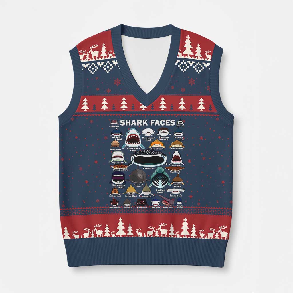 Shark Faces V-Neck Knit Sweater Vest Type Of Sharks Identification Marine Biology - Wonder Print Shop