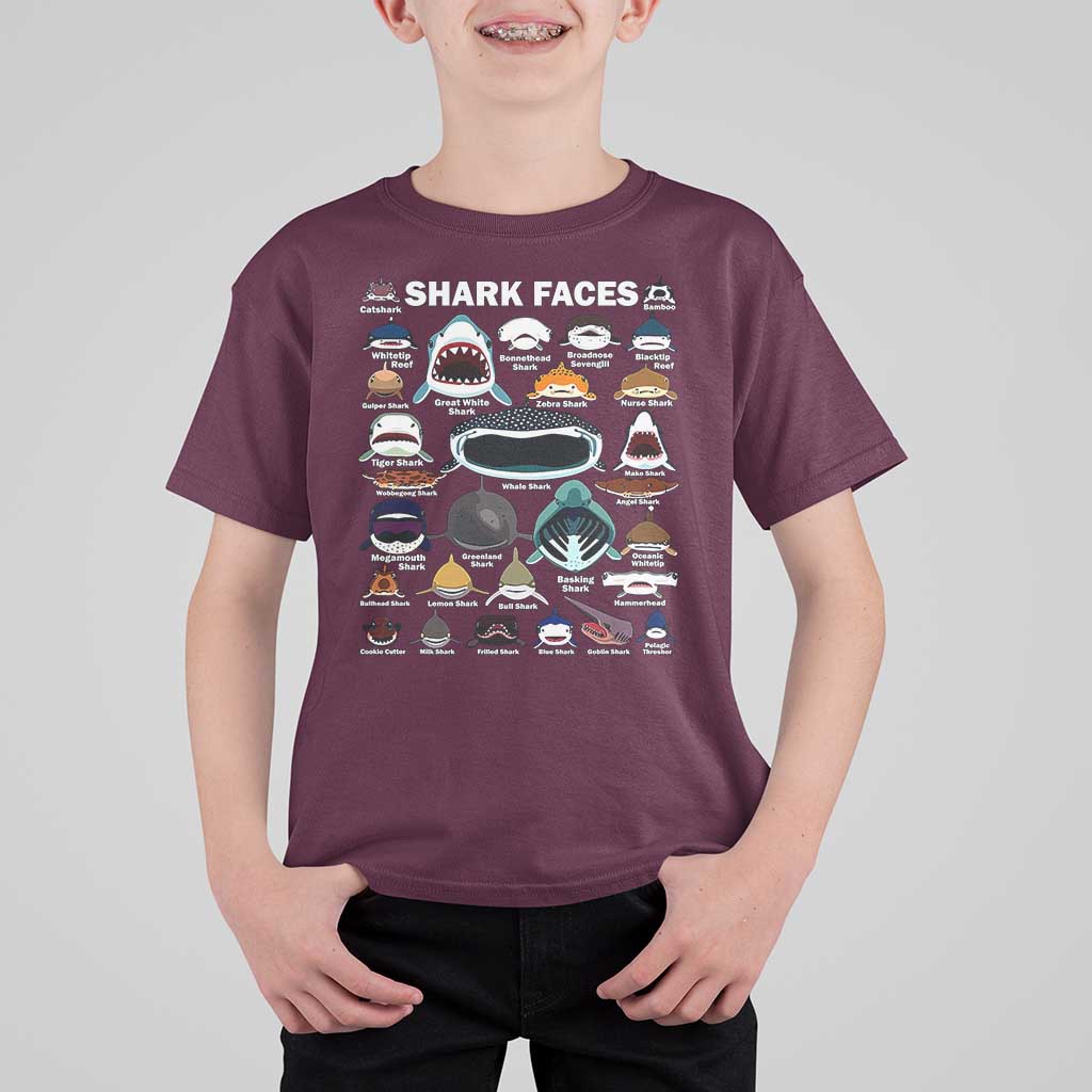 Shark Faces T Shirt For Kid Type Of Sharks Identification Marine Biology - Wonder Print Shop