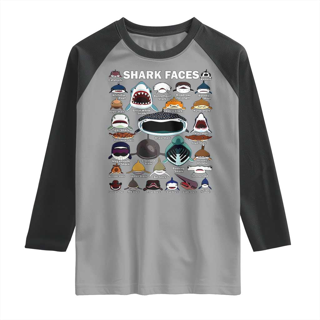 Shark Faces Raglan Shirt Type Of Sharks Identification Marine Biology