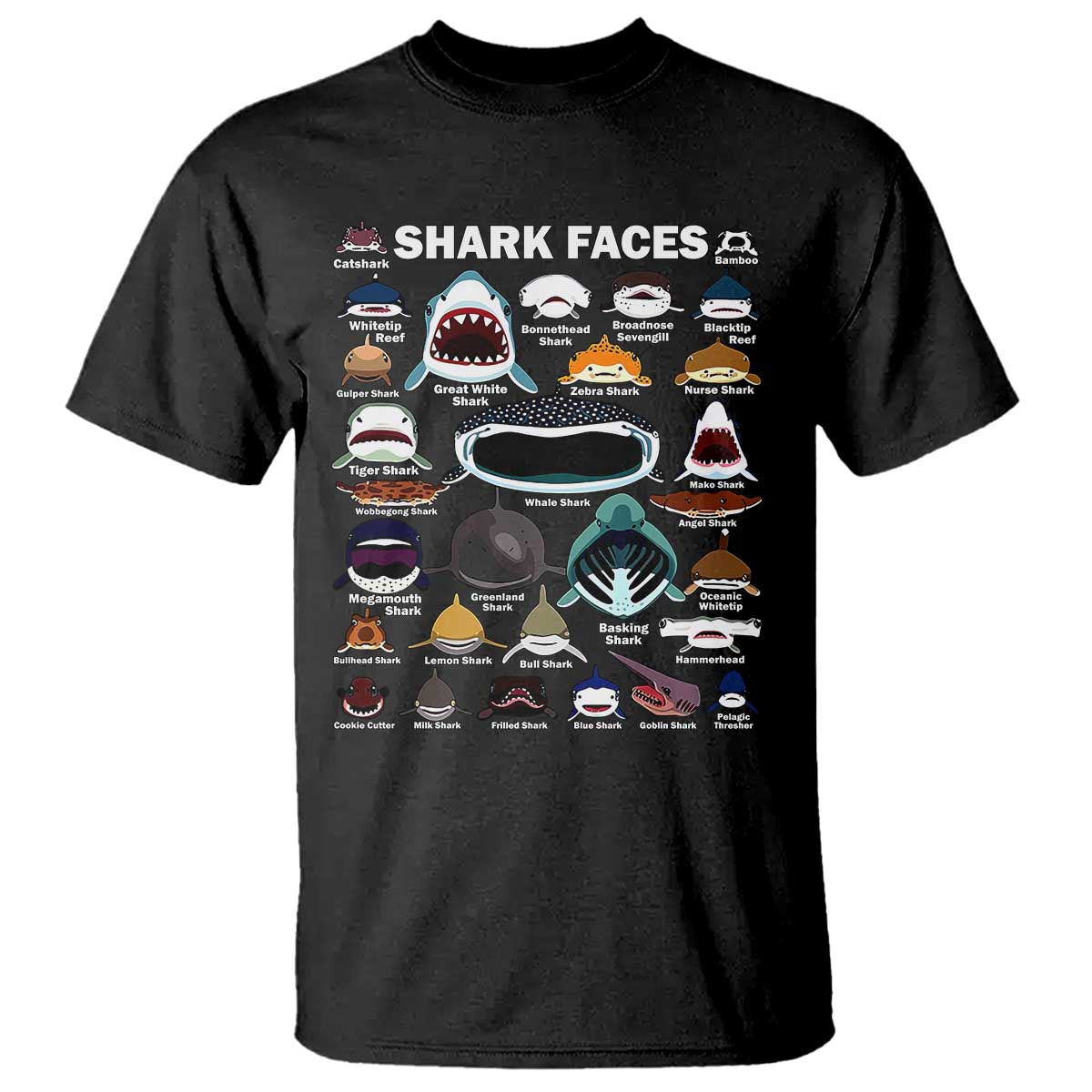 Shark Faces T Shirt Type Of Sharks Identification Marine Biology - Wonder Print Shop