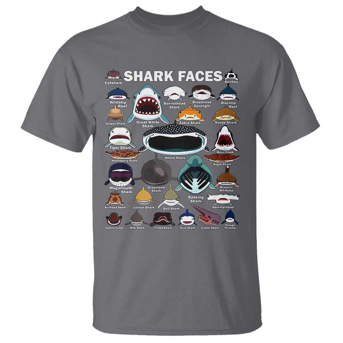 Shark Faces T Shirt Type Of Sharks Identification Marine Biology - Wonder Print Shop