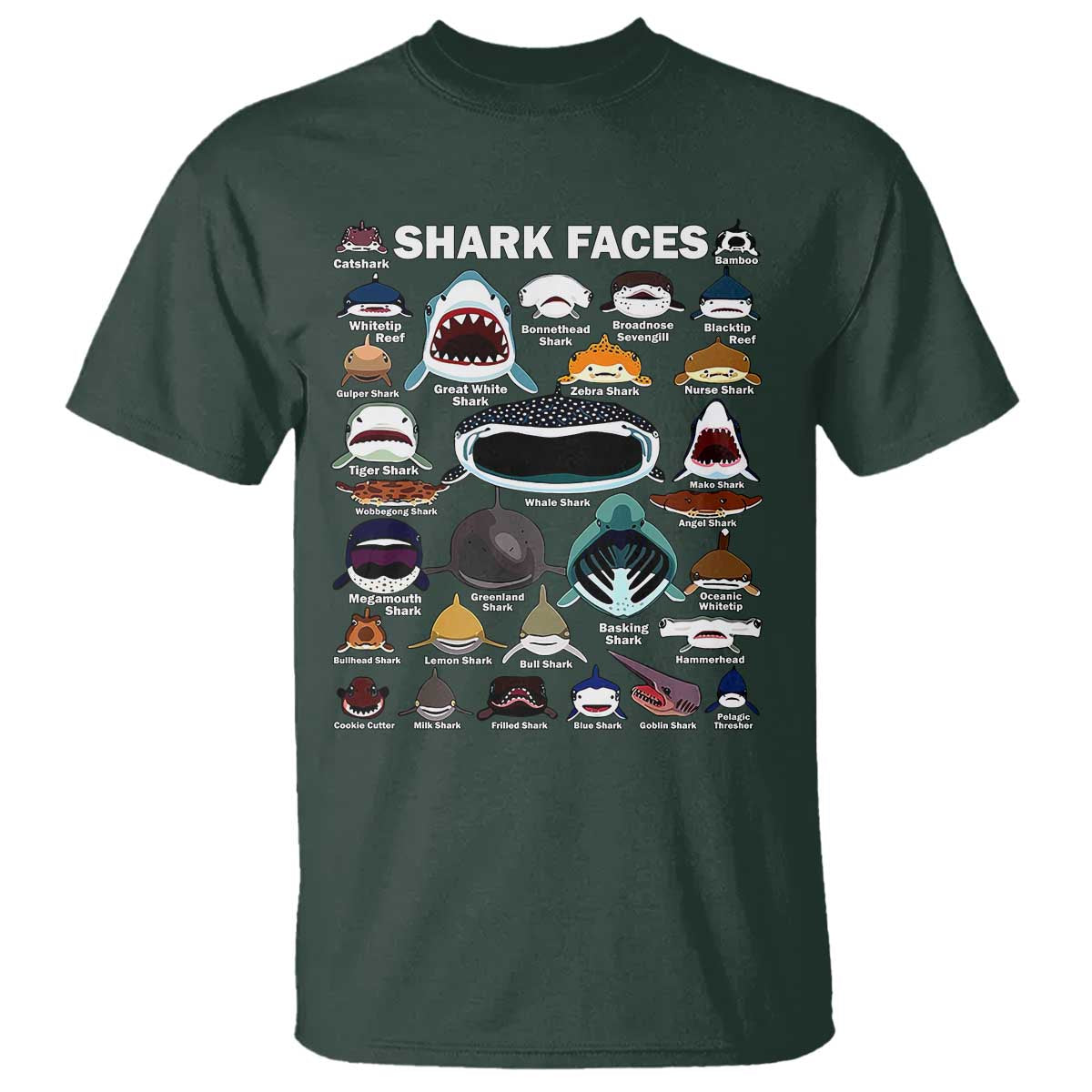 Shark Faces T Shirt Type Of Sharks Identification Marine Biology - Wonder Print Shop