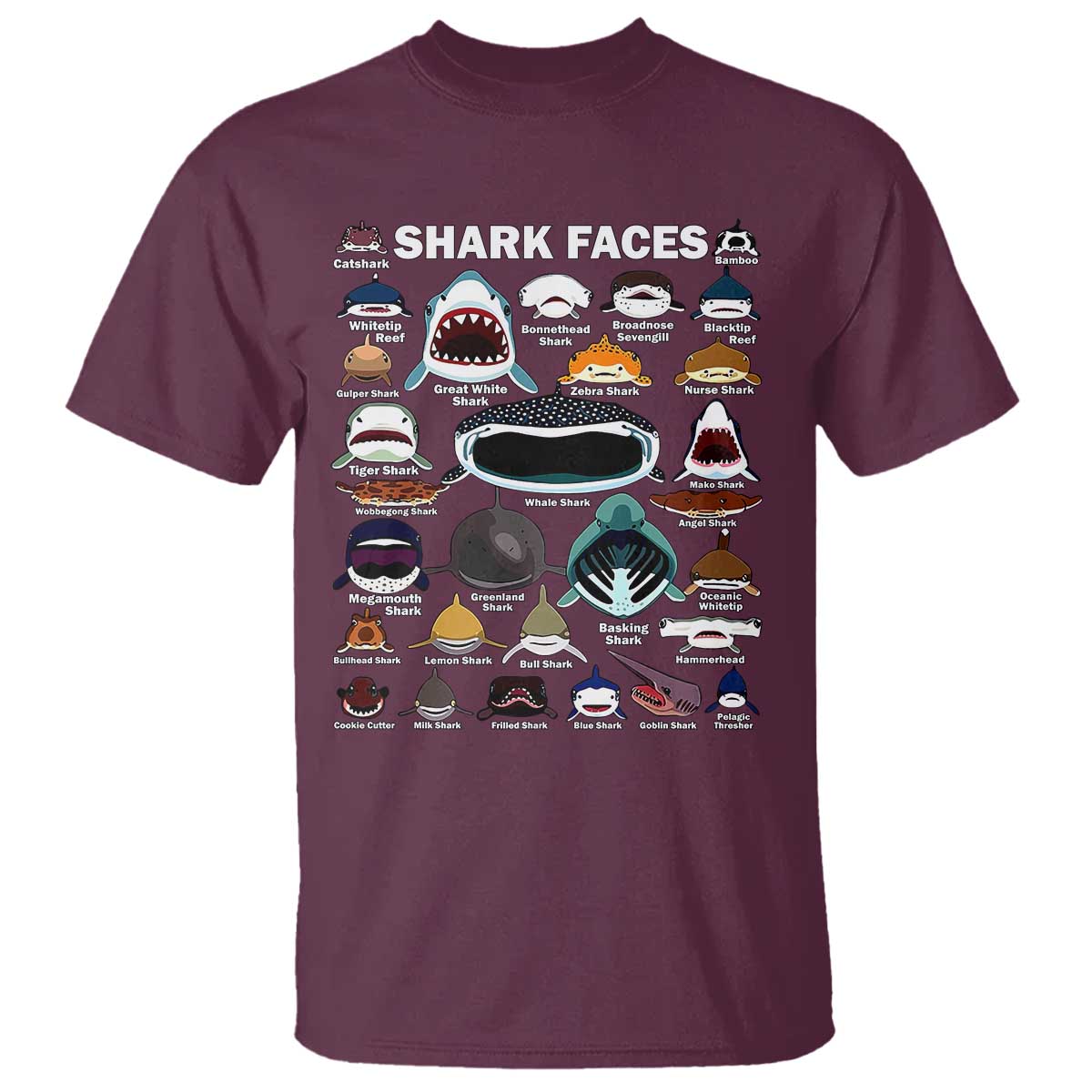 Shark Faces T Shirt Type Of Sharks Identification Marine Biology - Wonder Print Shop