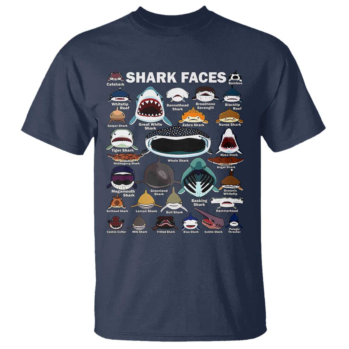 Shark Faces T Shirt Type Of Sharks Identification Marine Biology - Wonder Print Shop