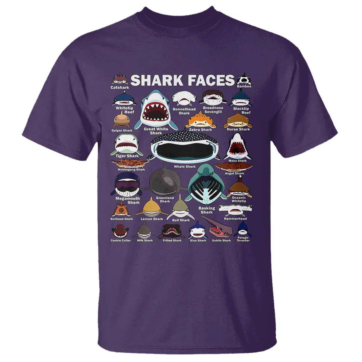 Shark Faces T Shirt Type Of Sharks Identification Marine Biology - Wonder Print Shop