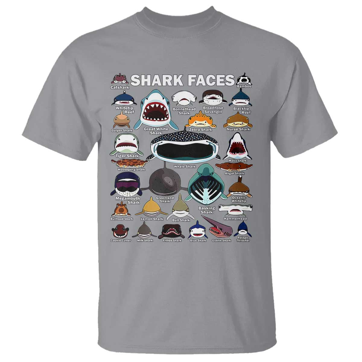 Shark Faces T Shirt Type Of Sharks Identification Marine Biology - Wonder Print Shop