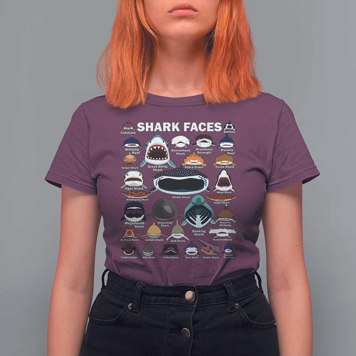 Shark Faces T Shirt For Women Type Of Sharks Identification Marine Biology - Wonder Print Shop