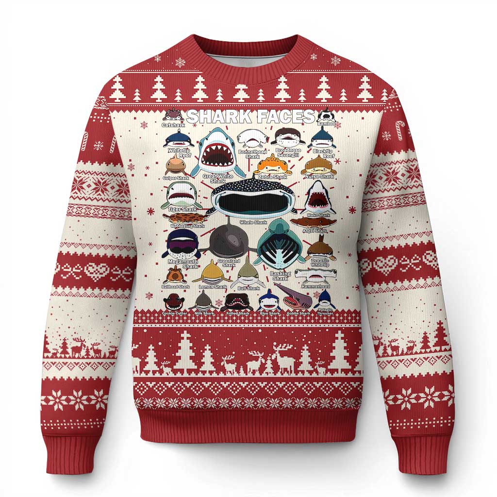 Shark Faces Ugly Christmas Sweater Type Of Sharks Identification Marine Biology - Wonder Print Shop