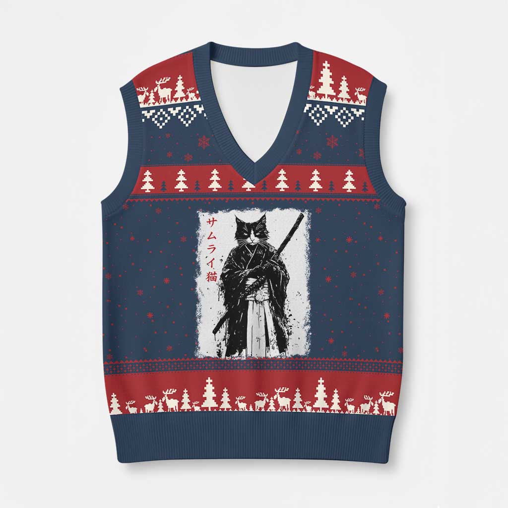 Japanese Samurai Cat V-Neck Knit Sweater Vest Retro Vintage Ukiyo-e Warrior Art Graphic - Wonder Print Shop