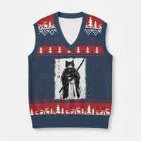 Japanese Samurai Cat V-Neck Knit Sweater Vest Retro Vintage Ukiyo-e Warrior Art Graphic - Wonder Print Shop