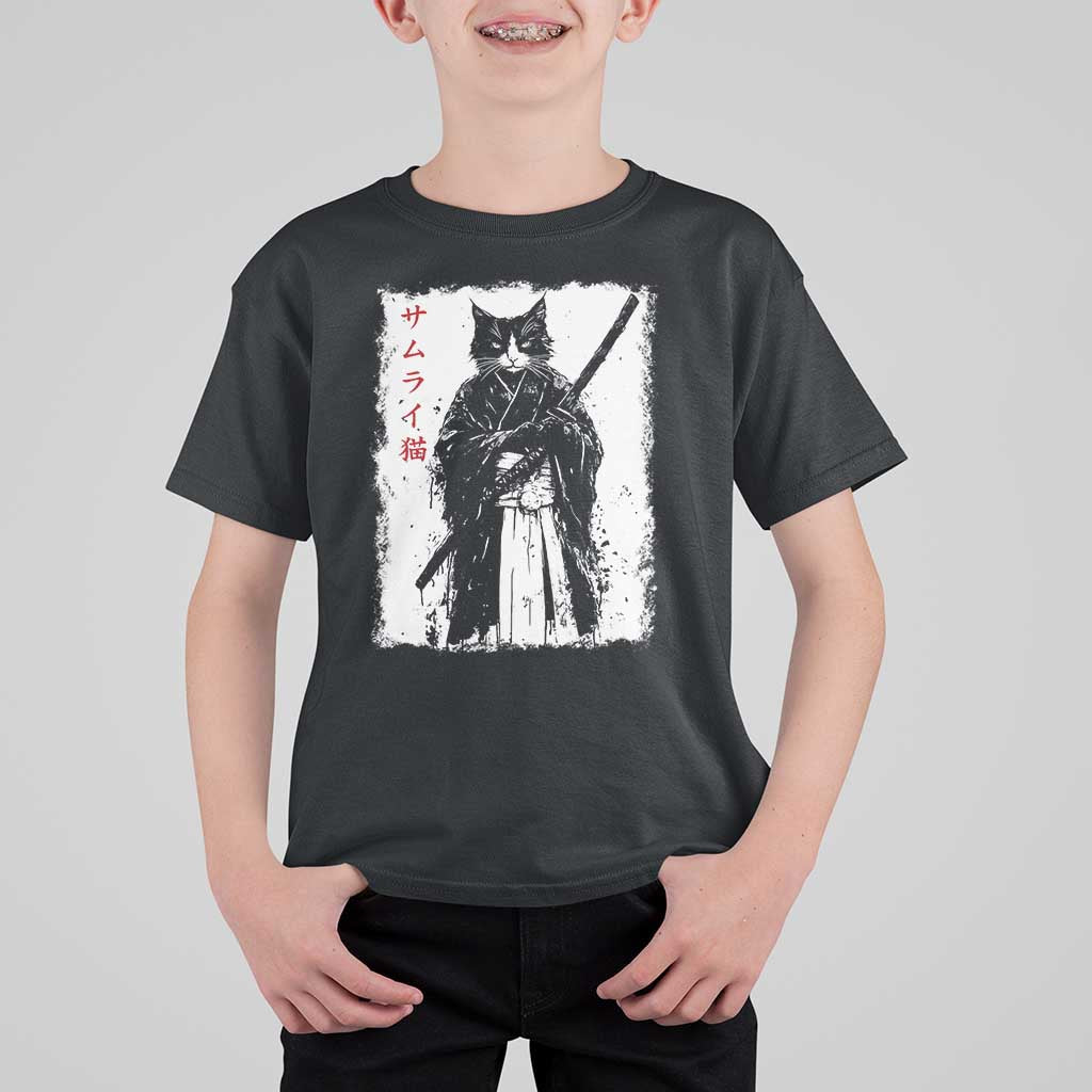 Japanese Samurai Cat T Shirt For Kid Retro Vintage Ukiyo-e Warrior Art Graphic - Wonder Print Shop