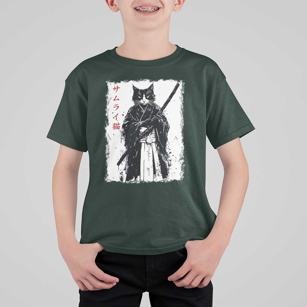 Japanese Samurai Cat T Shirt For Kid Retro Vintage Ukiyo-e Warrior Art Graphic - Wonder Print Shop