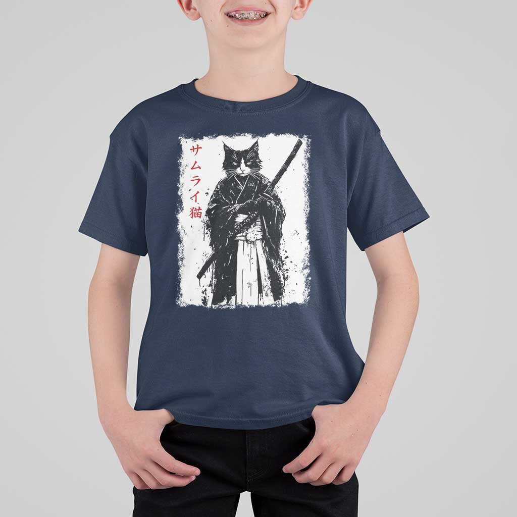Japanese Samurai Cat T Shirt For Kid Retro Vintage Ukiyo-e Warrior Art Graphic - Wonder Print Shop