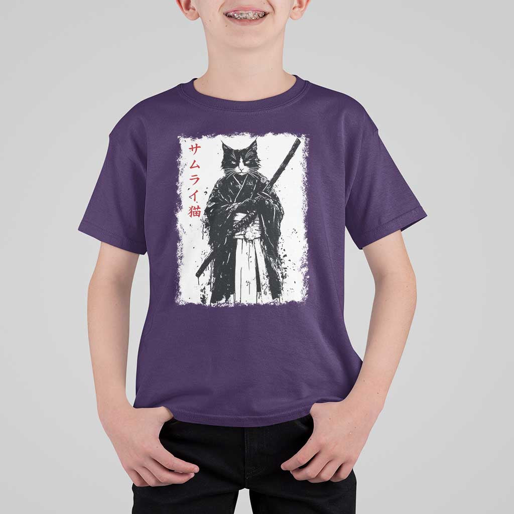 Japanese Samurai Cat T Shirt For Kid Retro Vintage Ukiyo-e Warrior Art Graphic - Wonder Print Shop
