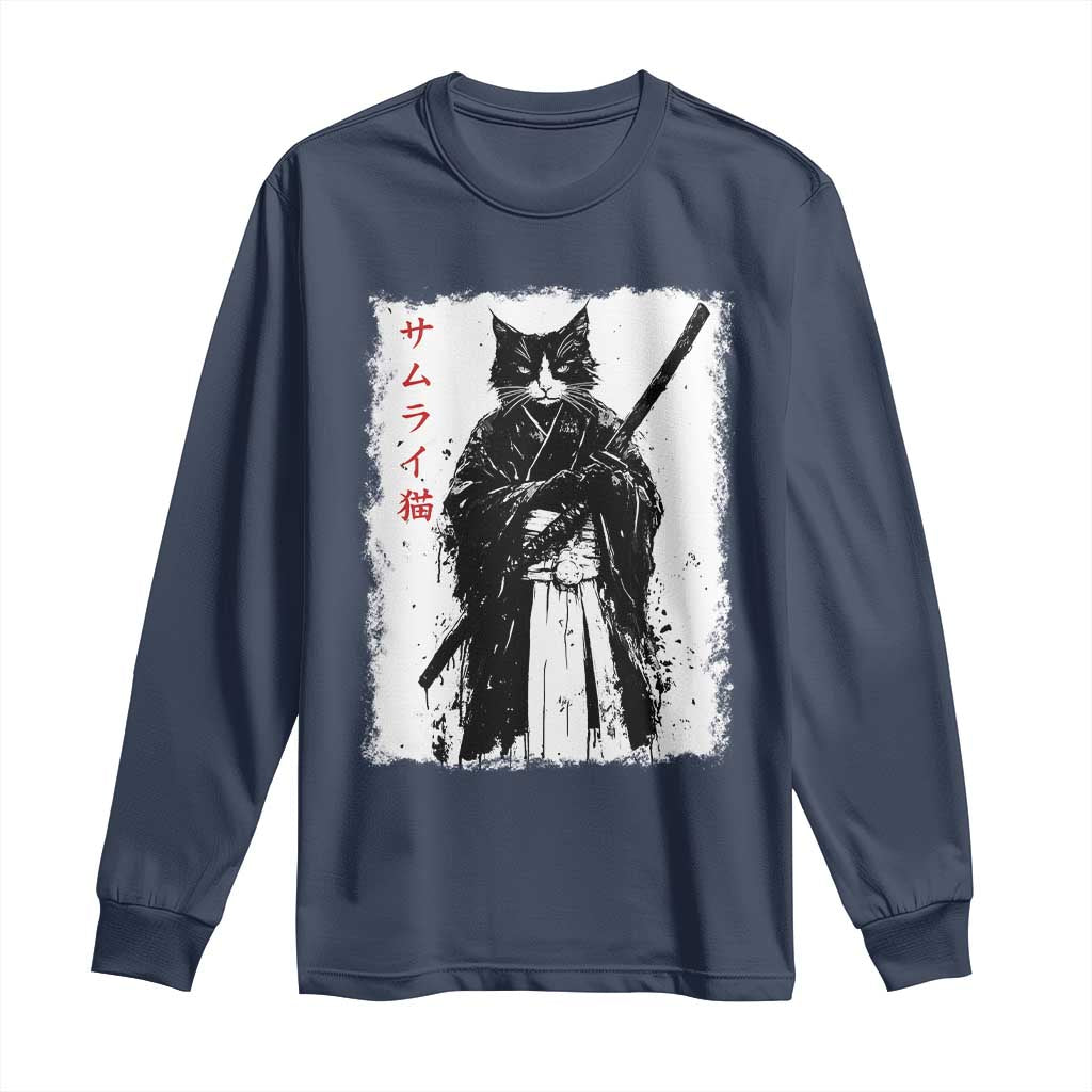 Japanese Samurai Cat Long Sleeve Shirt Retro Vintage Ukiyo-e Warrior Art Graphic