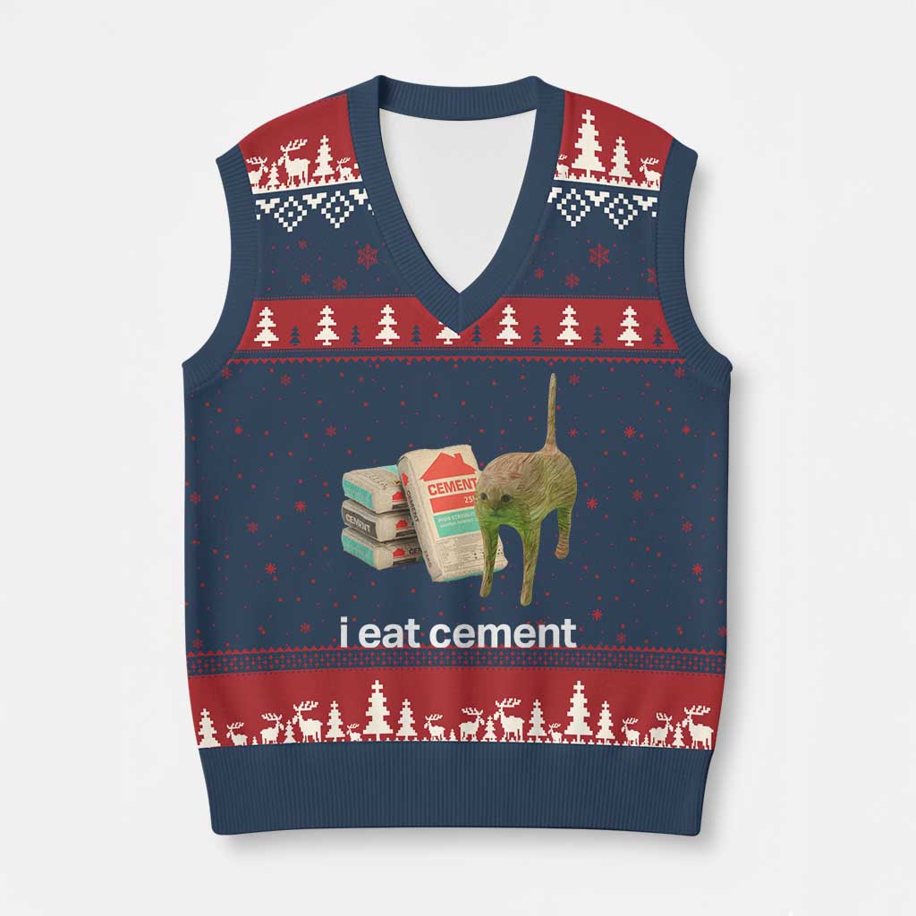 Funny Cursed Cat Meme V-Neck Knit Sweater Vest I Eat Cement Oddly Specific Dank Meme - Wonder Print Shop