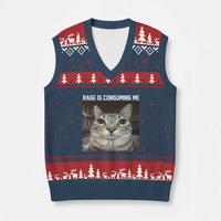 Funny Silly Cat Meme V-Neck Knit Sweater Vest Rage Is Consuming Me Staring - Wonder Print Shop