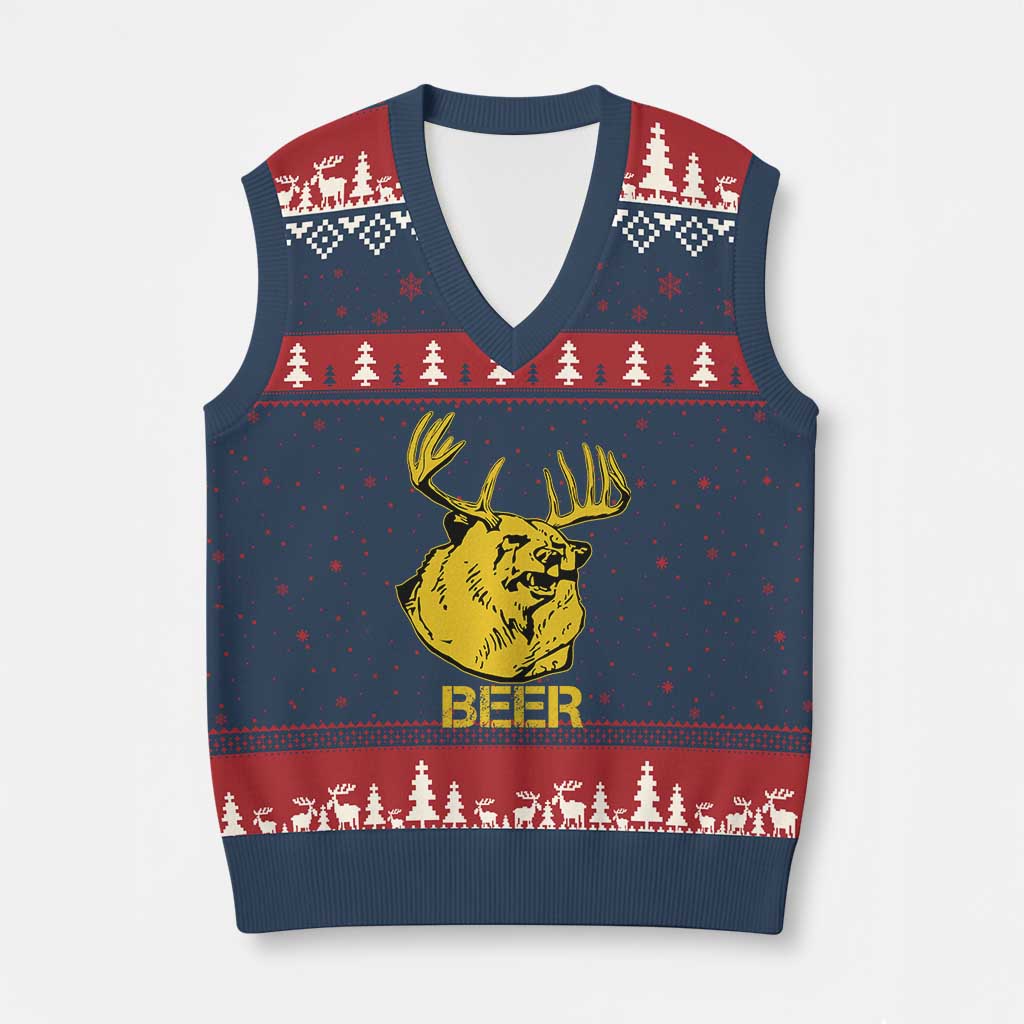 Funny Deer Hunting V-Neck Knit Sweater Vest Bear Plus Deer Equals Beer USA Hunter - Wonder Print Shop