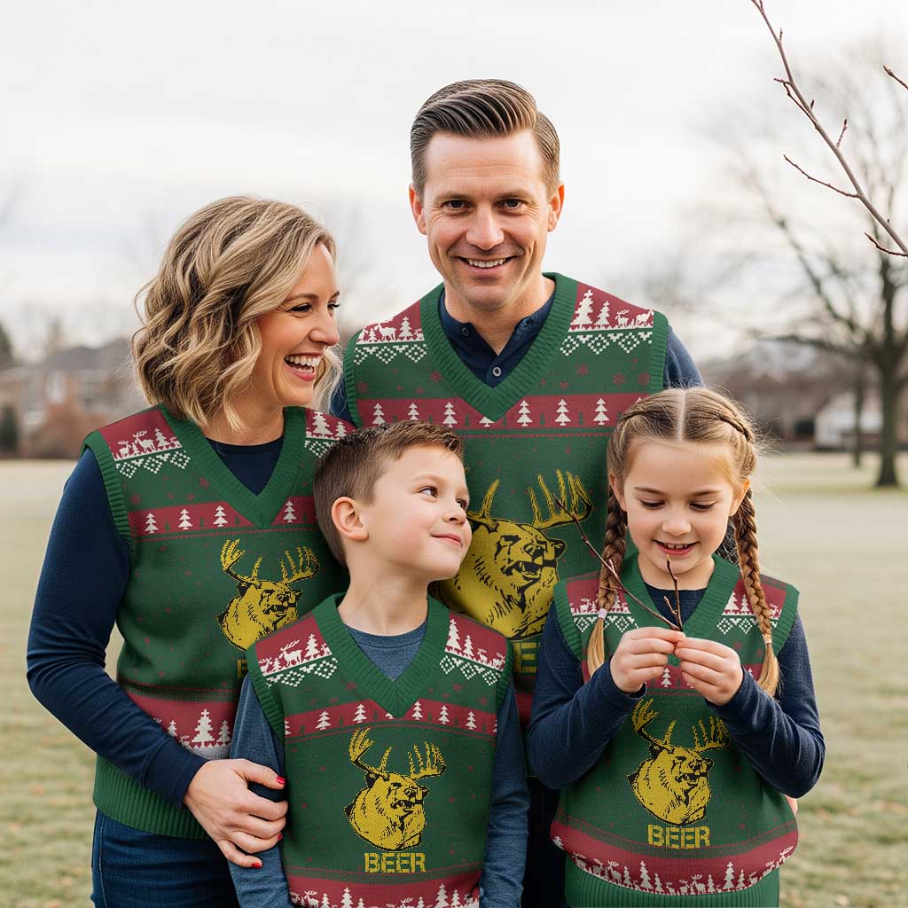 Funny Deer Hunting V-Neck Knit Sweater Vest Bear Plus Deer Equals Beer USA Hunter - Wonder Print Shop