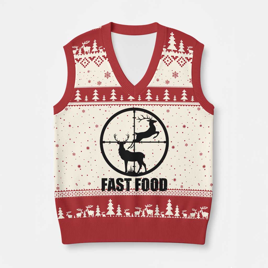 Deer Hunting V-Neck Knit Sweater Vest Deer Hunting Funny Hunter Fast Food Gift - Wonder Print Shop